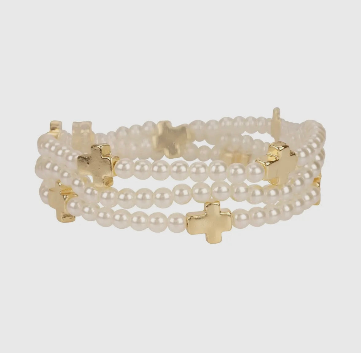 Pearl and Gold Cross Stretch Bracelet