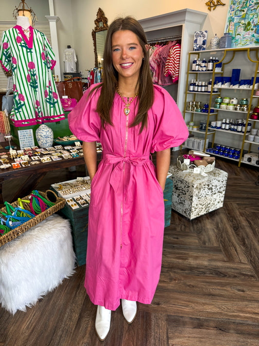 Fuchsia Zipper Belted Midi