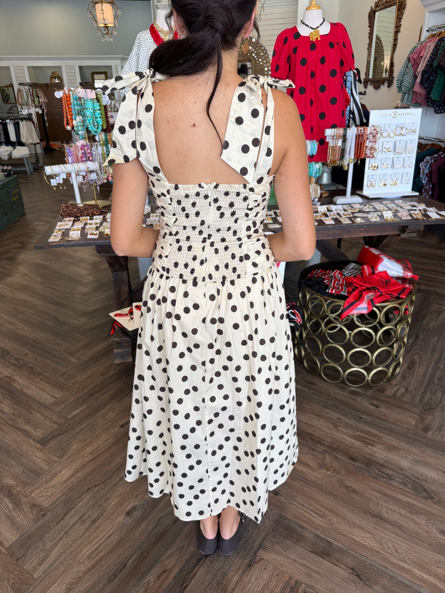 Darling Dot Midi Dress: Tan/Brown