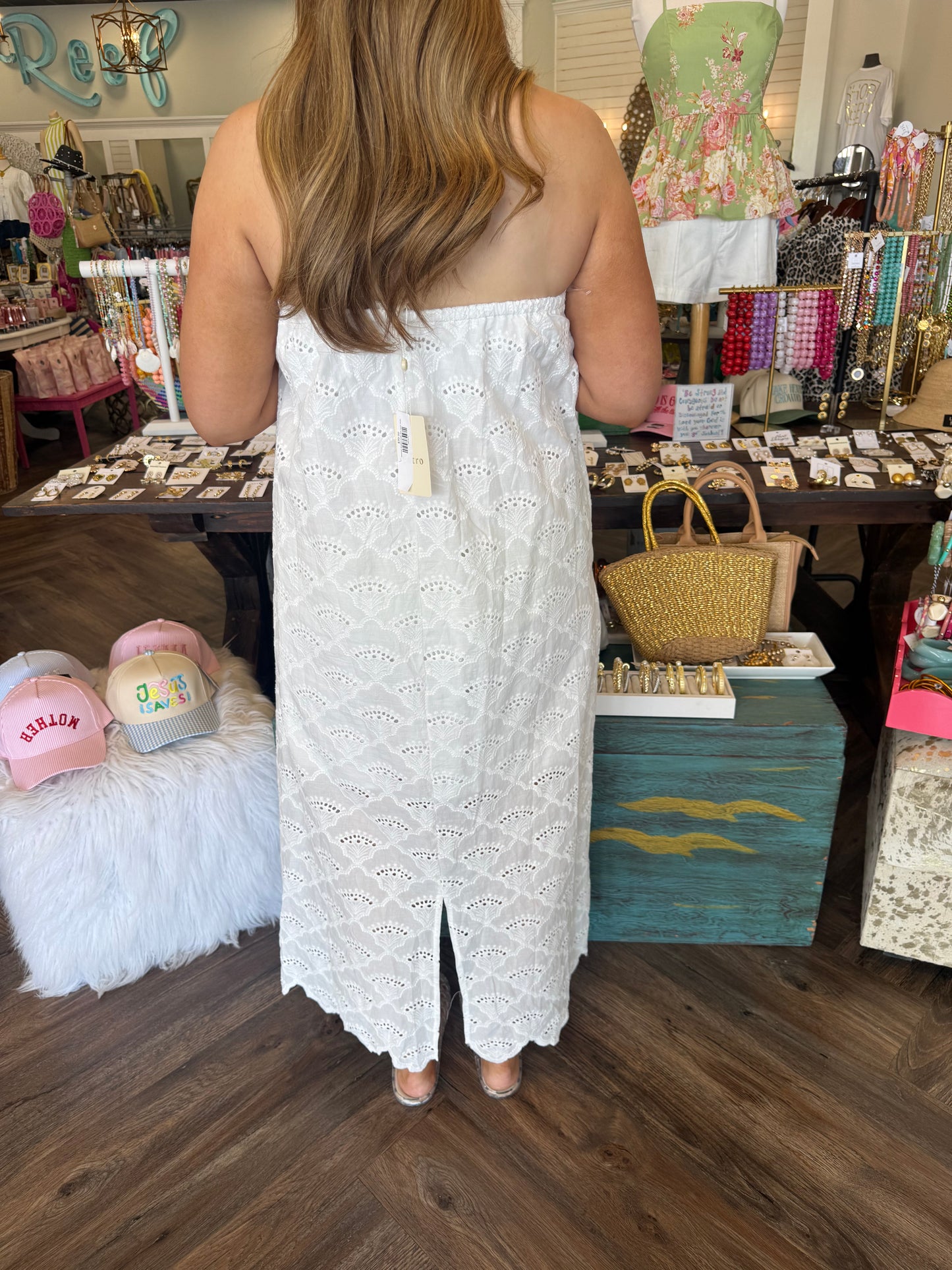 Savannah Strapless Eyelet Maxi Dress: White
