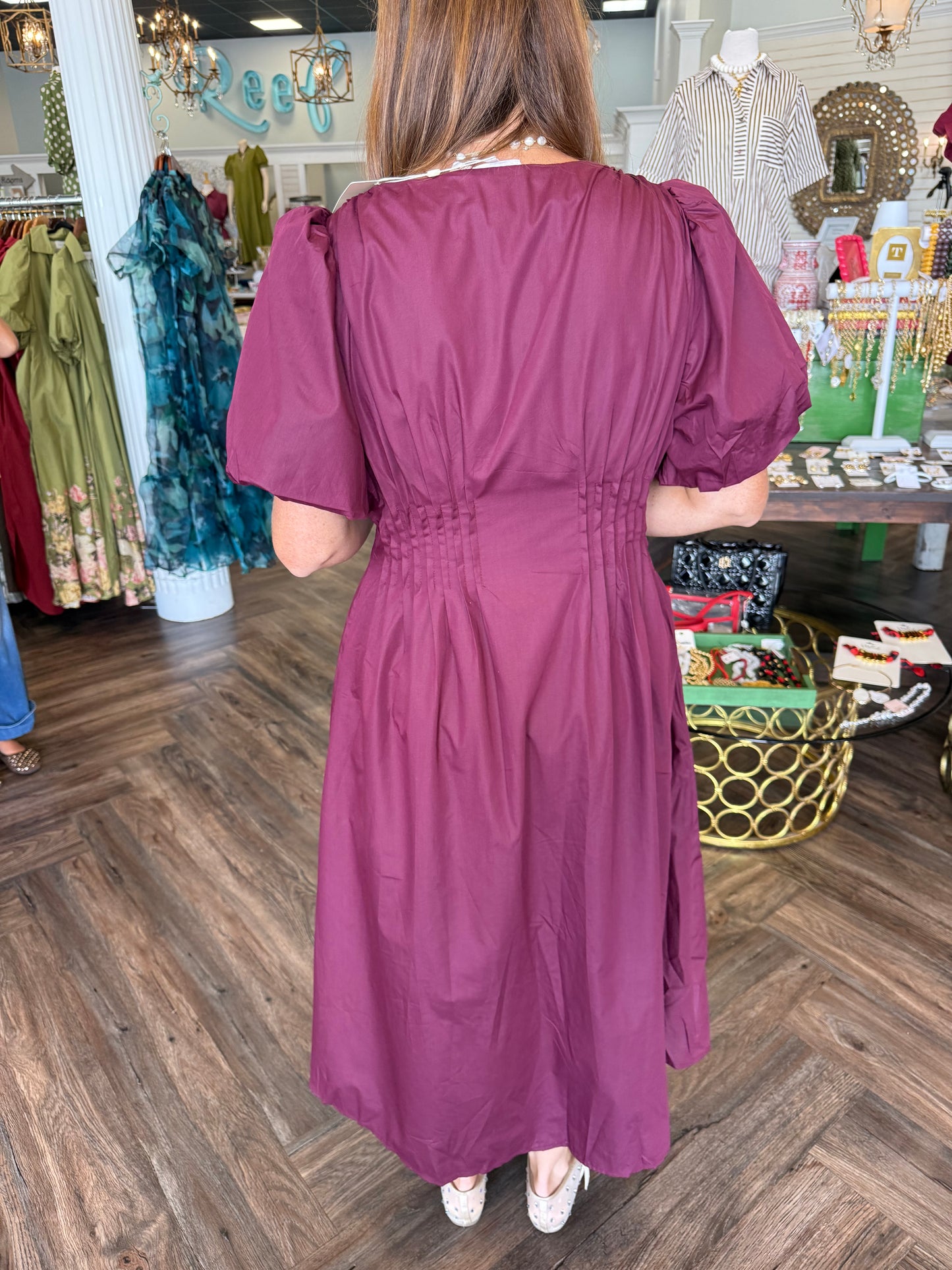 Sinched Button Pleat Midi Dress Wine