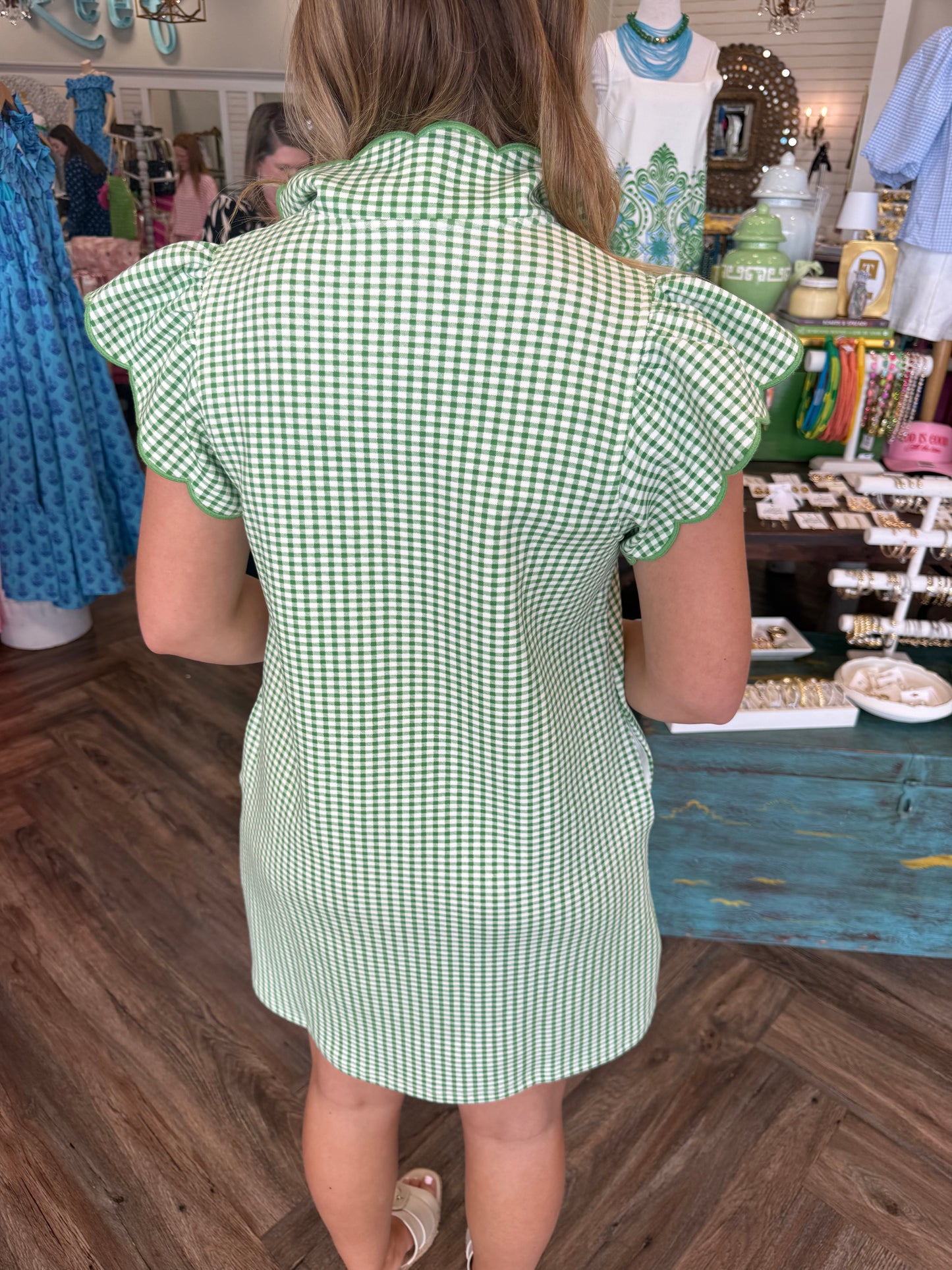 Scalloped Collar Gingham Dress: Green