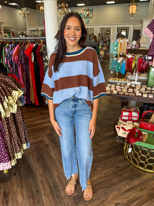 Brown and Blue Striped Sweater Top