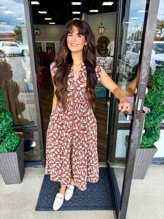 Brown and Blue Floral Zip Dress