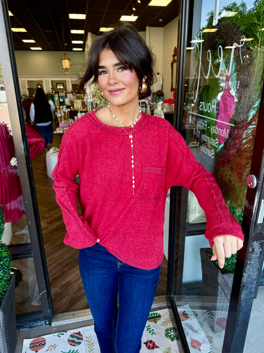 Brushed Ribbed Pocket Top: Dk Red