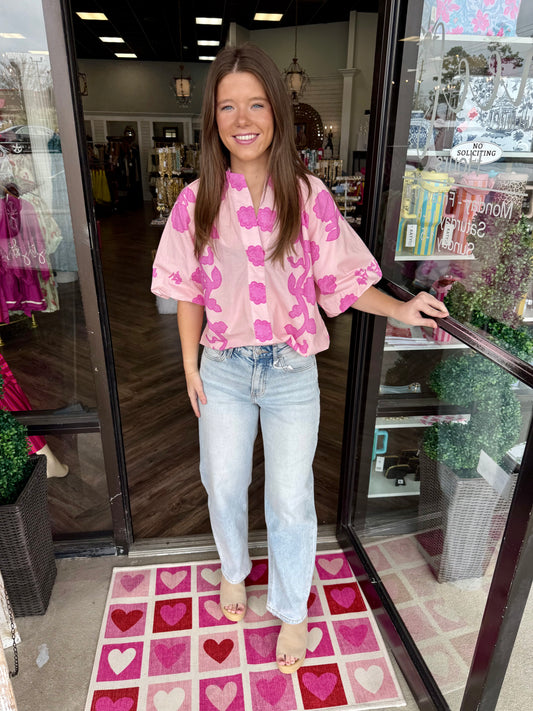 Smocked Floral Top: Pink