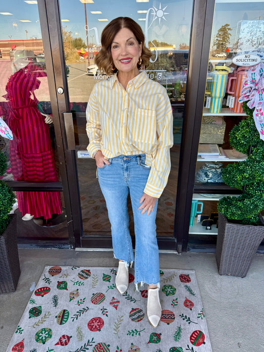 Button Down Dressy Shirt: Lemon/White