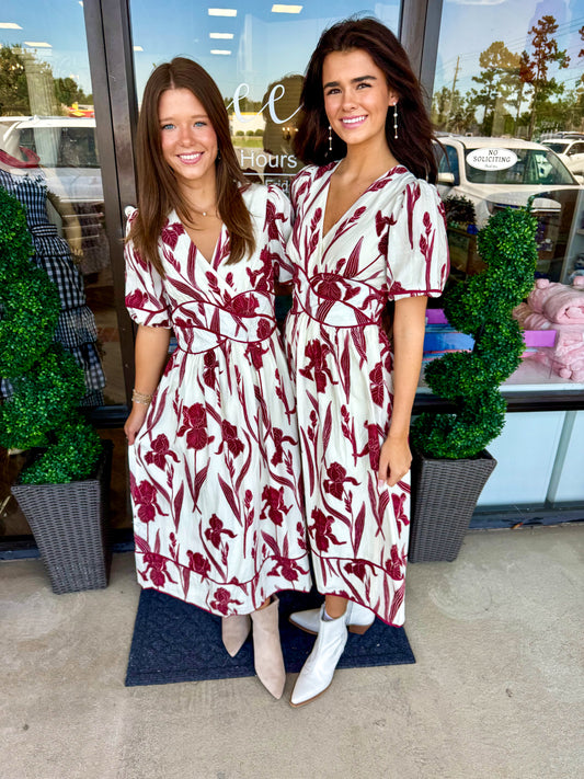 Becca Burgandy Floral Midi Dress