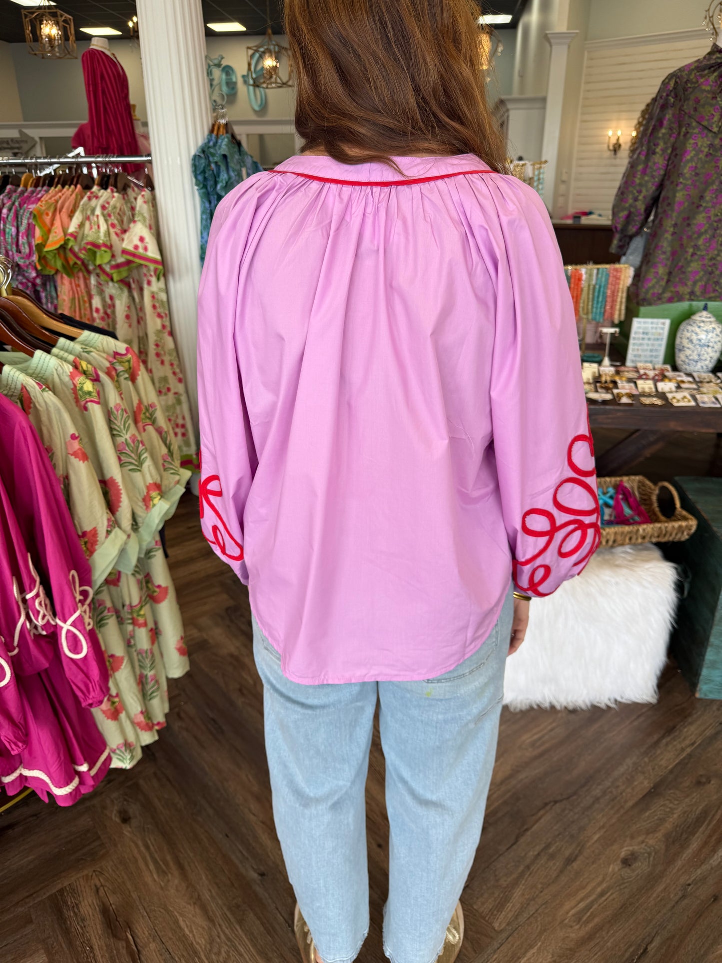 Contrast Detail Puff Sleeve Blouse: Pink