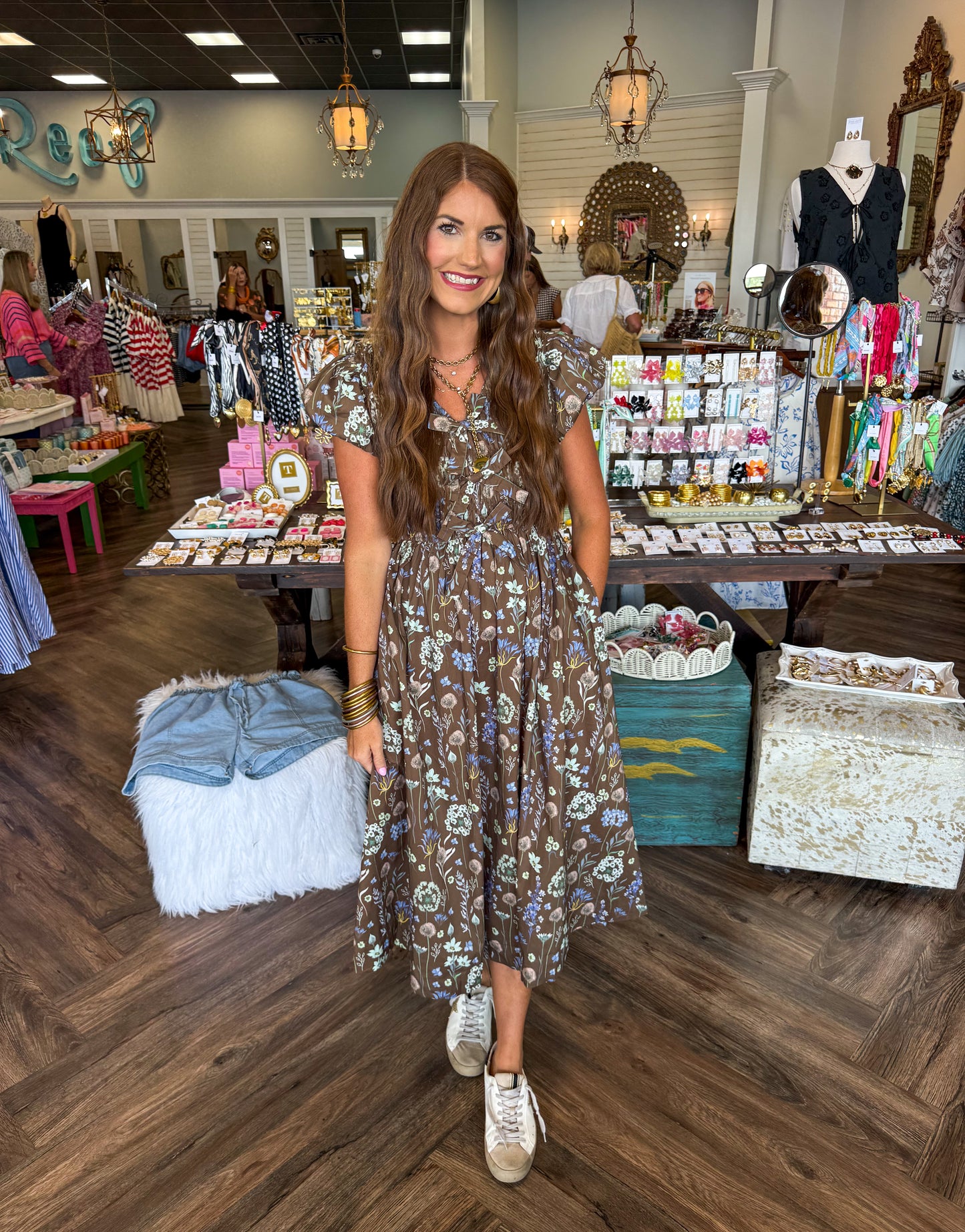 Floral Variety Midi Dress-Brown
