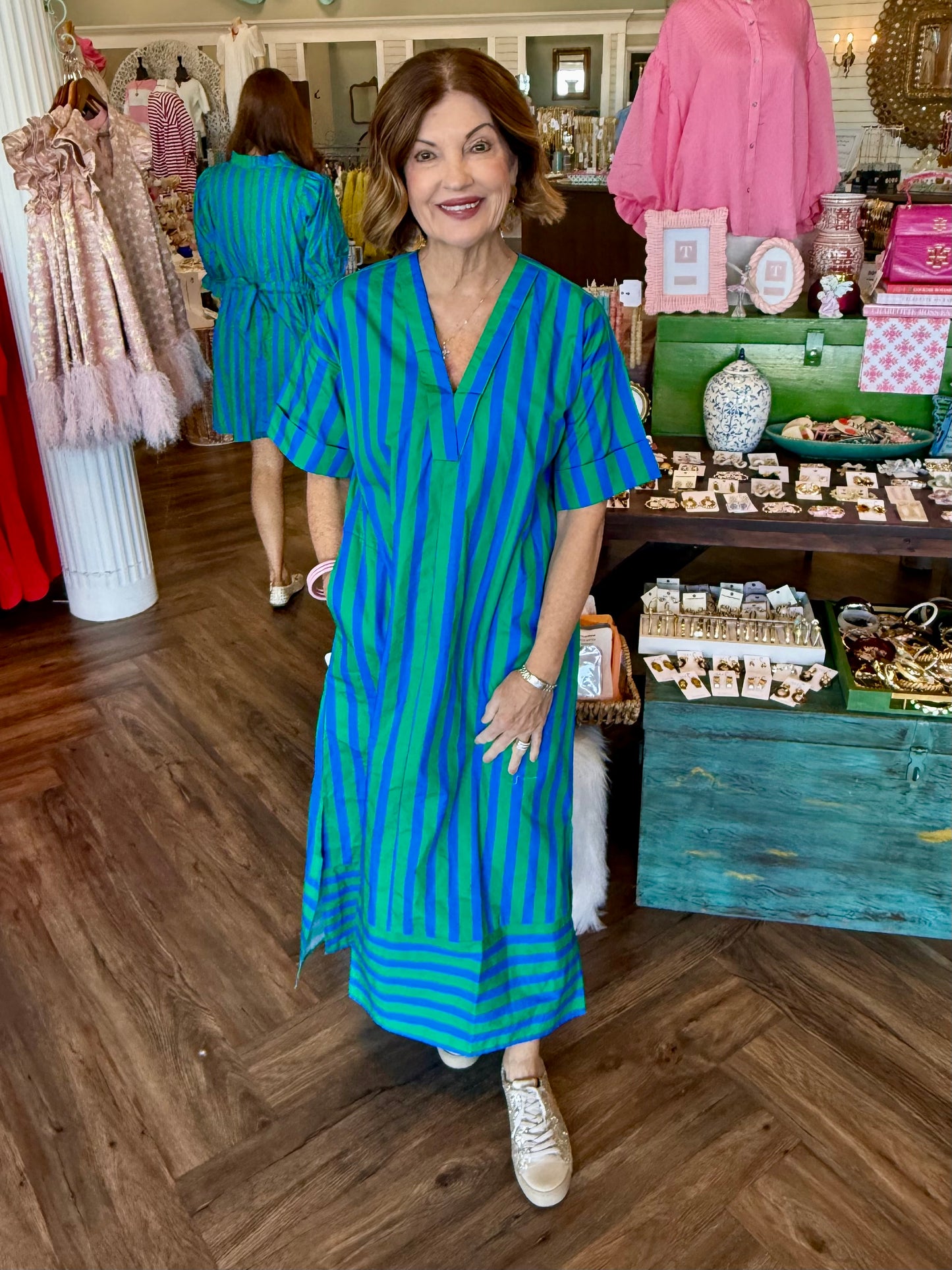 Blue/Green V-Neck Midi Dress