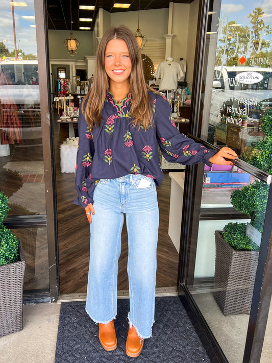 Navy Ruffle Bouquet Top