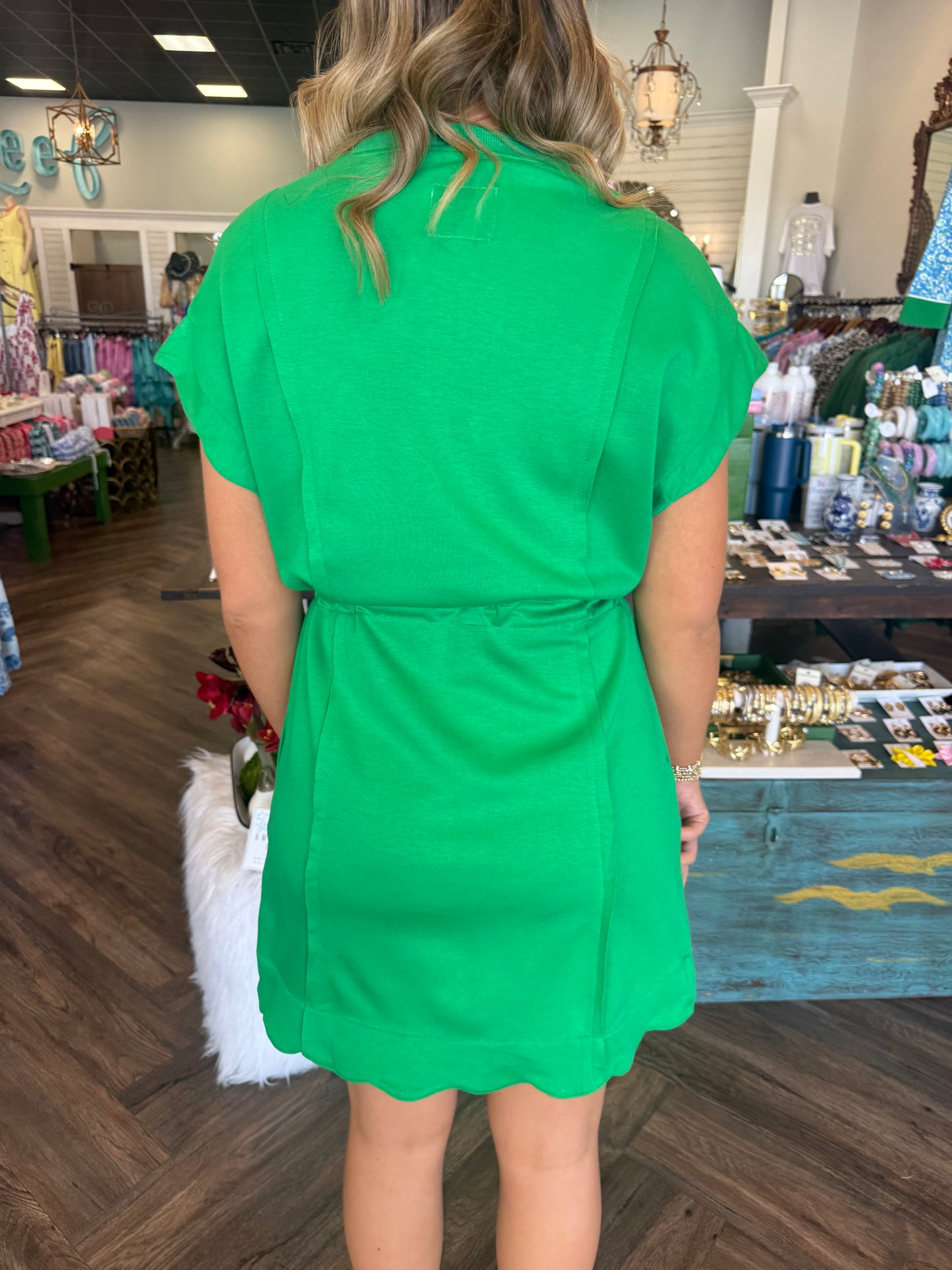 Scalloped Drawstring Dress: Green