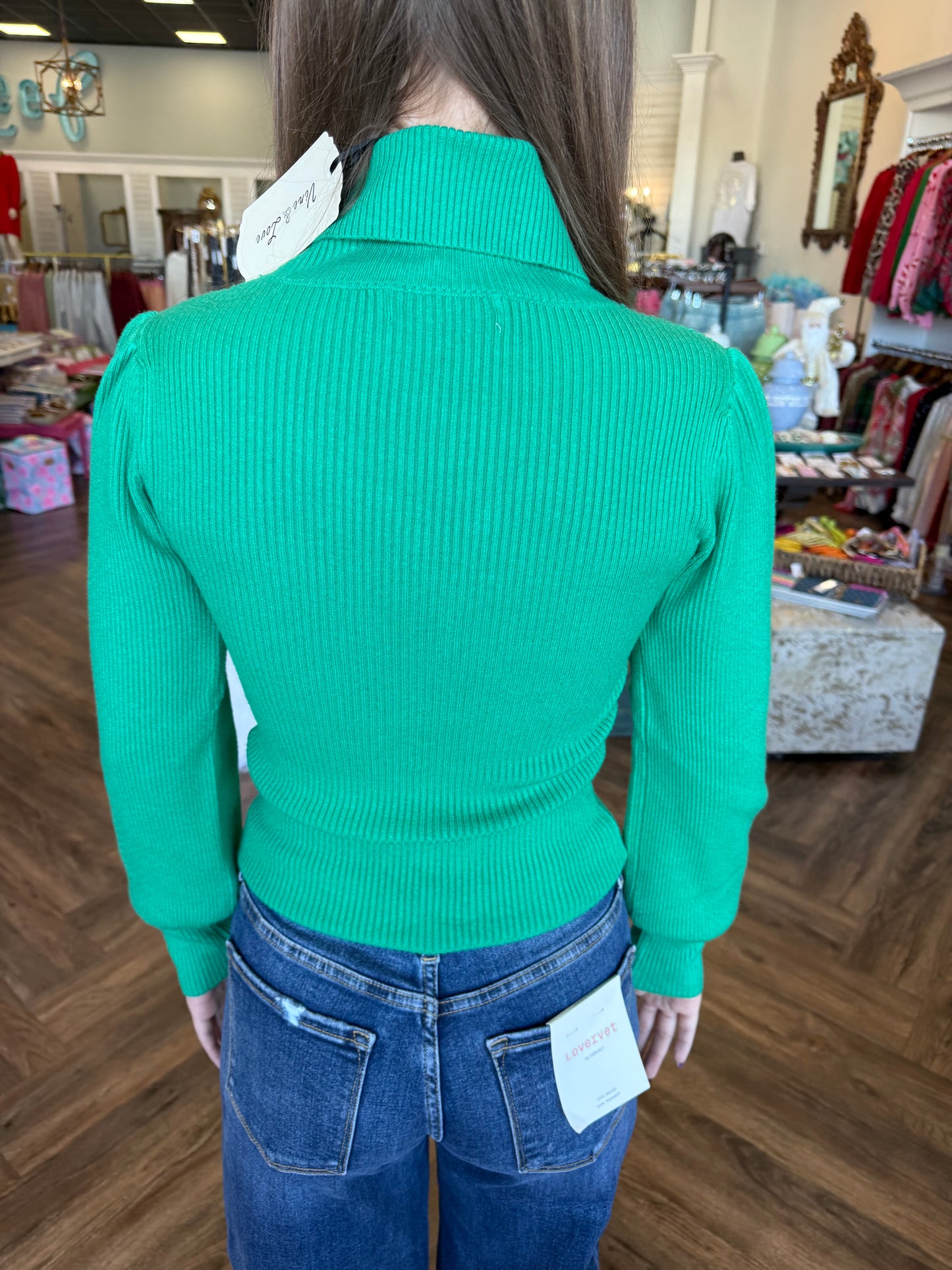 Green Ribbed Turtleneck Sweater