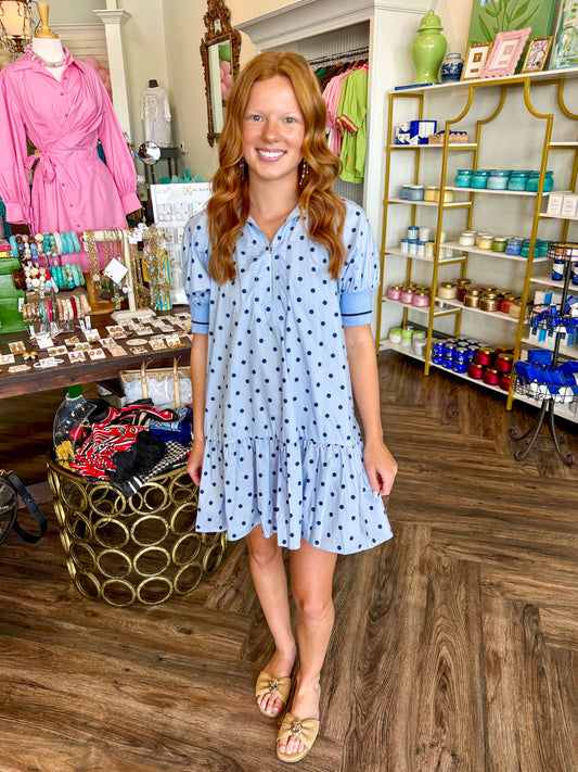 Caroline Quarter Zip Mini: Navy Polka Dots
