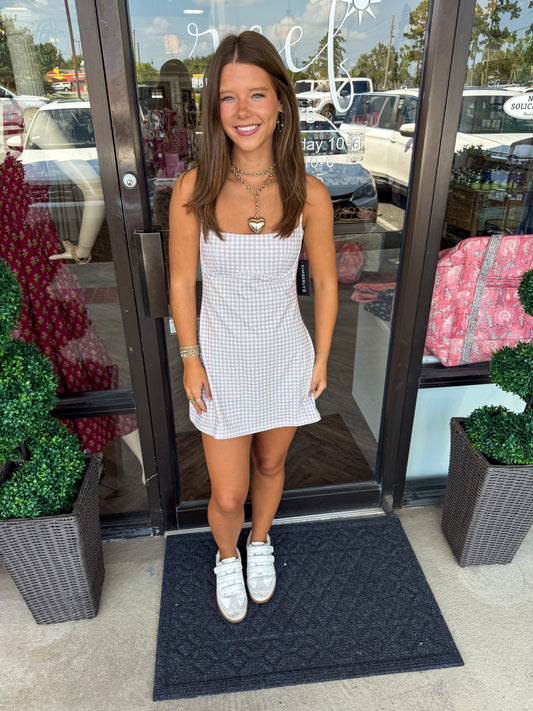 Gingham Romper Dress: Taupe