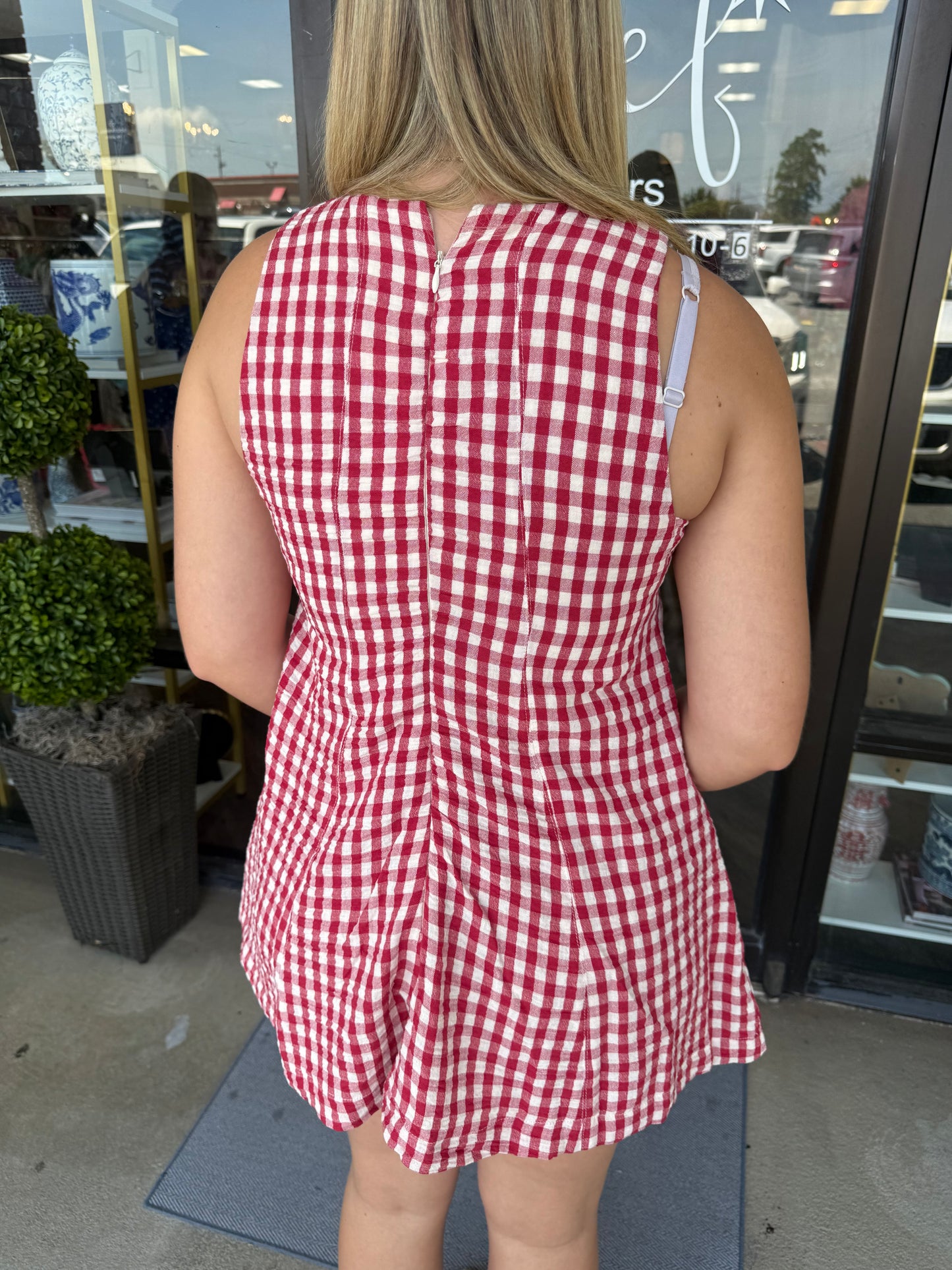 Gingham Babydoll Romper: Red