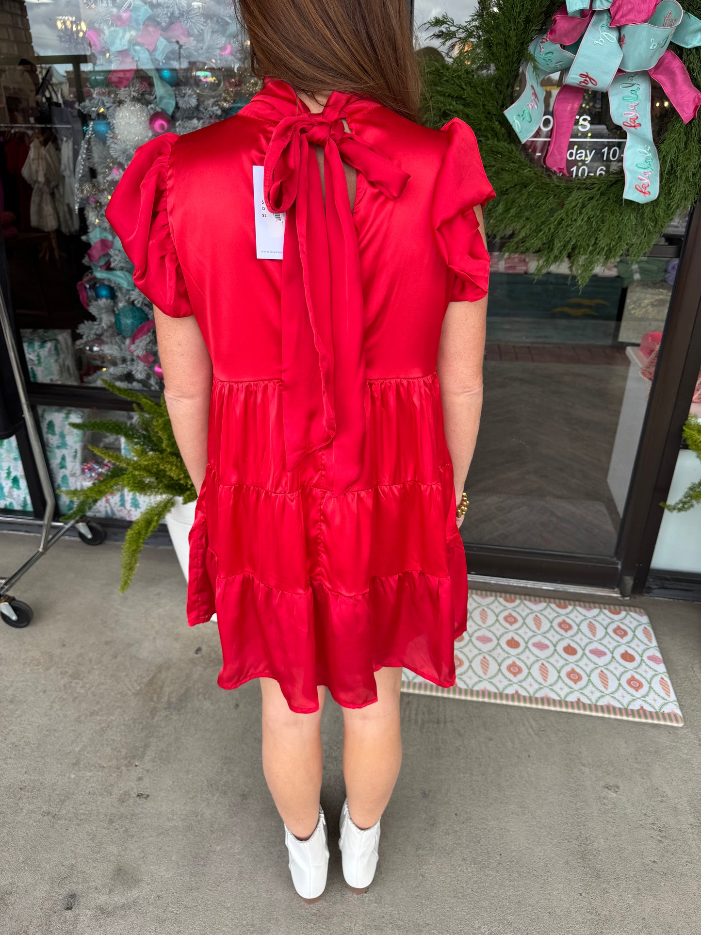 Tiered Tie Neck Mini Dress: Red