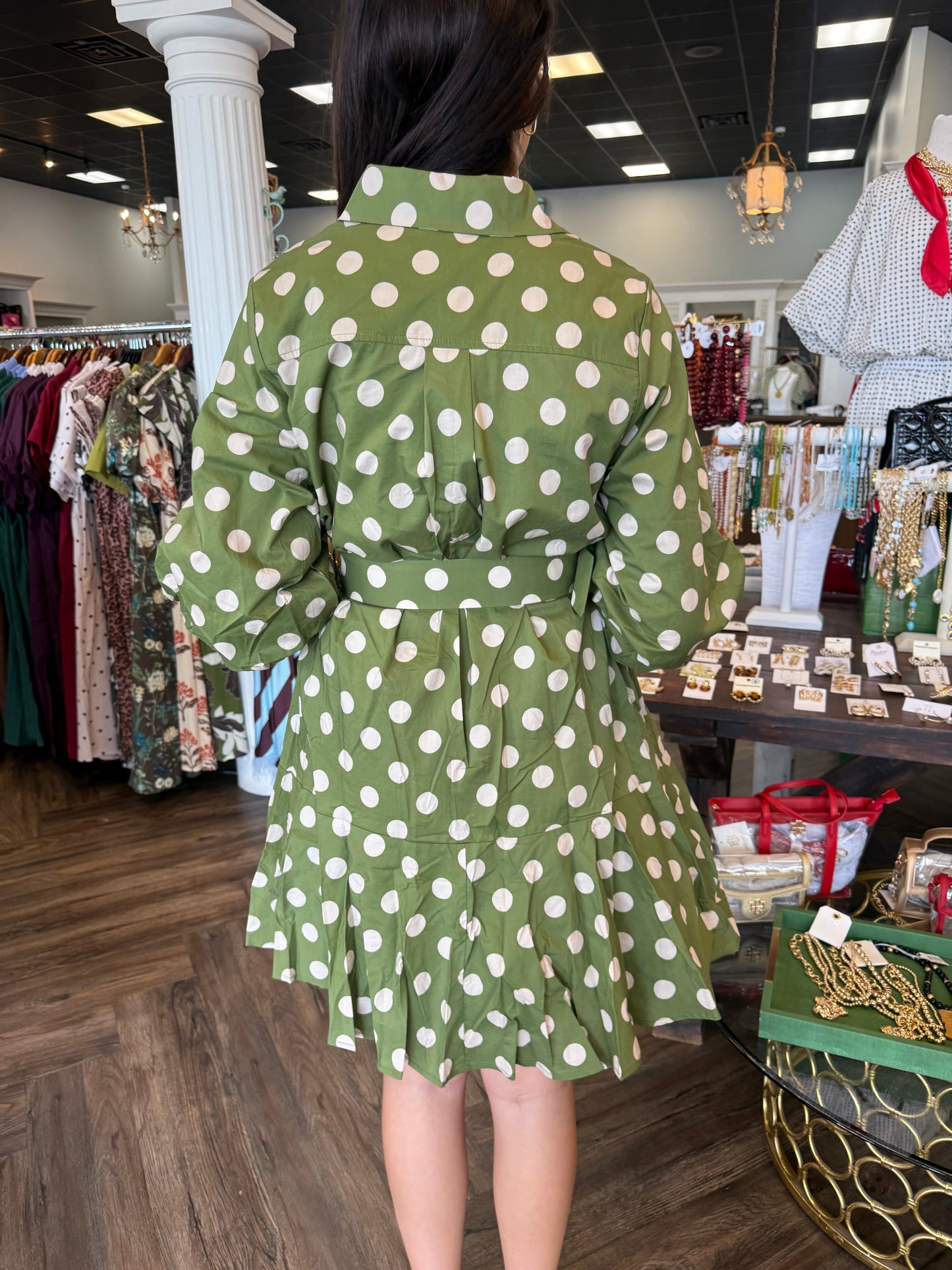 Sunday in Olive Dotted Dress