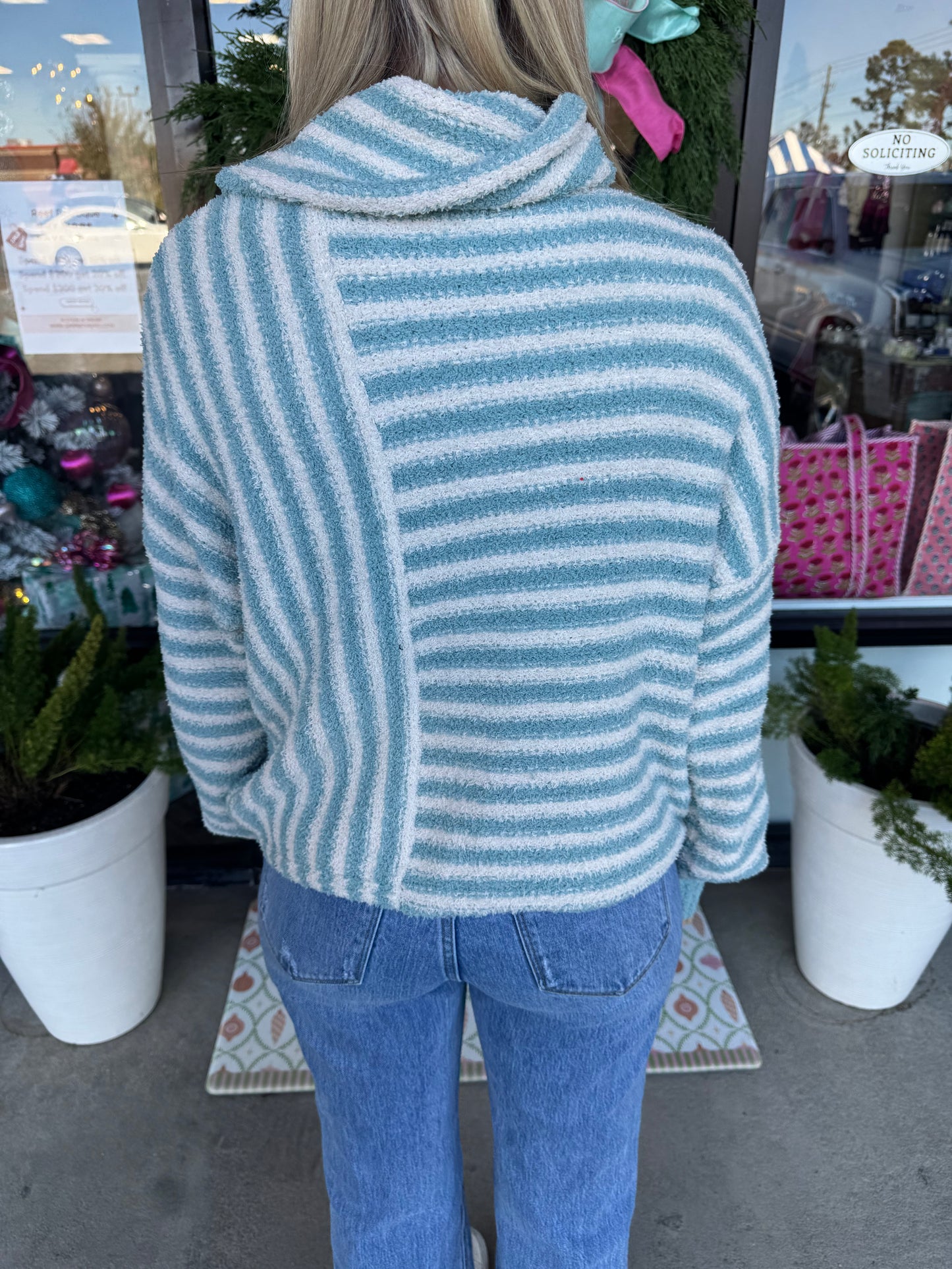 Fuzzy Striped Sweater: Aqua&White