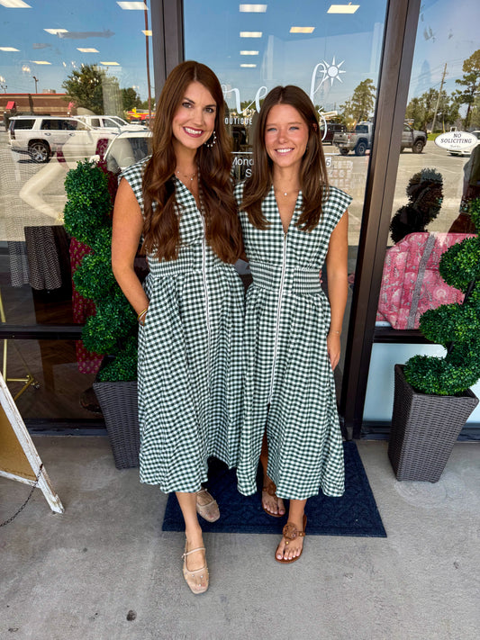 Gingham Zipper Midi Dress: Forest