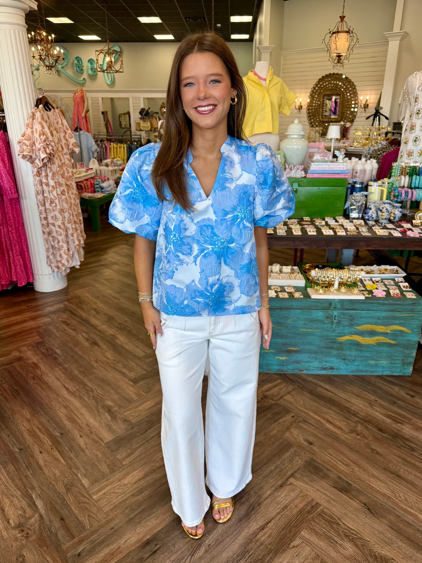 Floral Jacquard Top: Blue