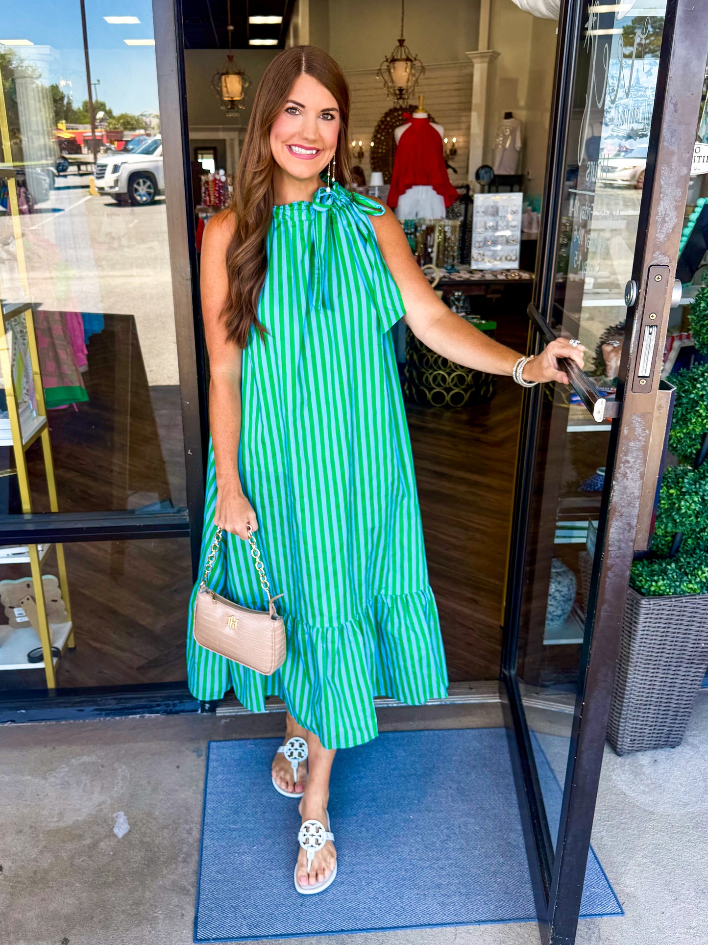 Green/Blue Tie Stripe Midi Dress