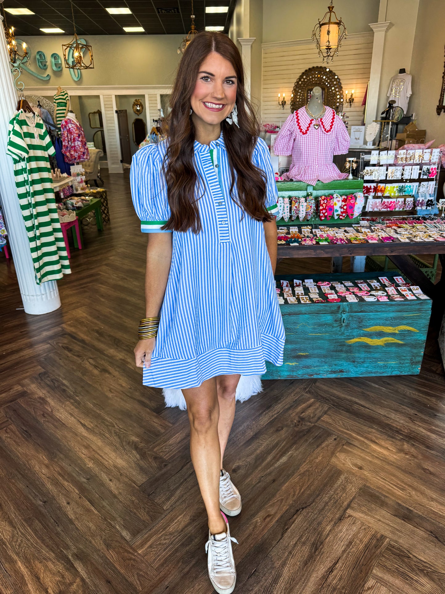 Trim Blue Thick Striped Dress