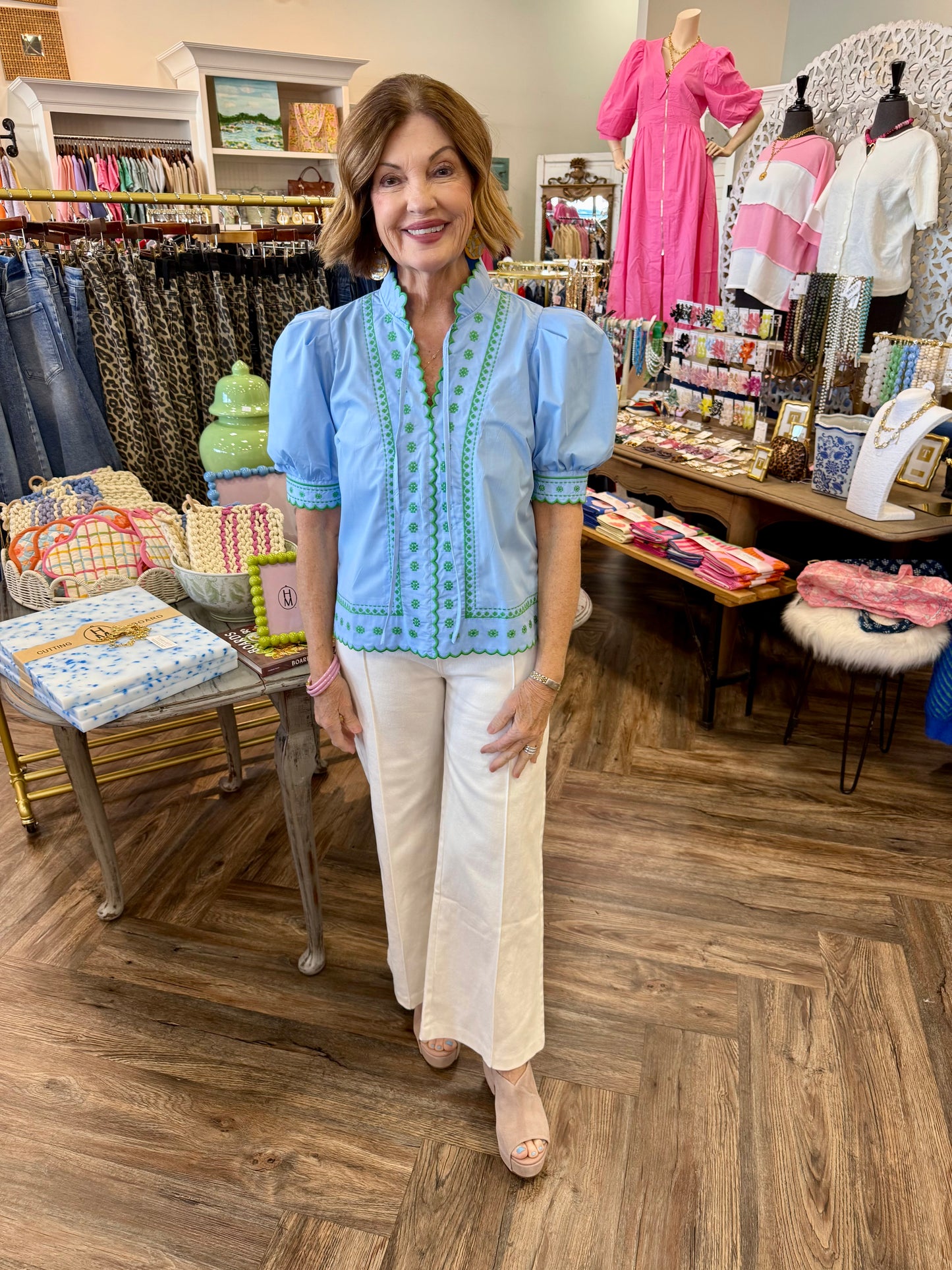 Green Stitch Scalloped Top: Blue