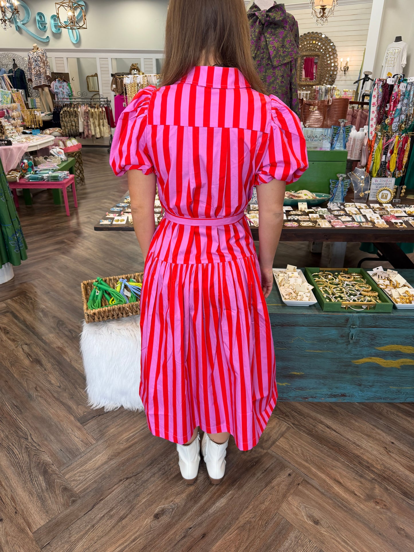 Striped Balloon Sleeve Midi