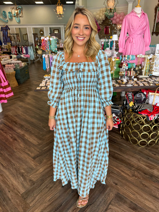 Blue/Brown Gingham Maxi Dress