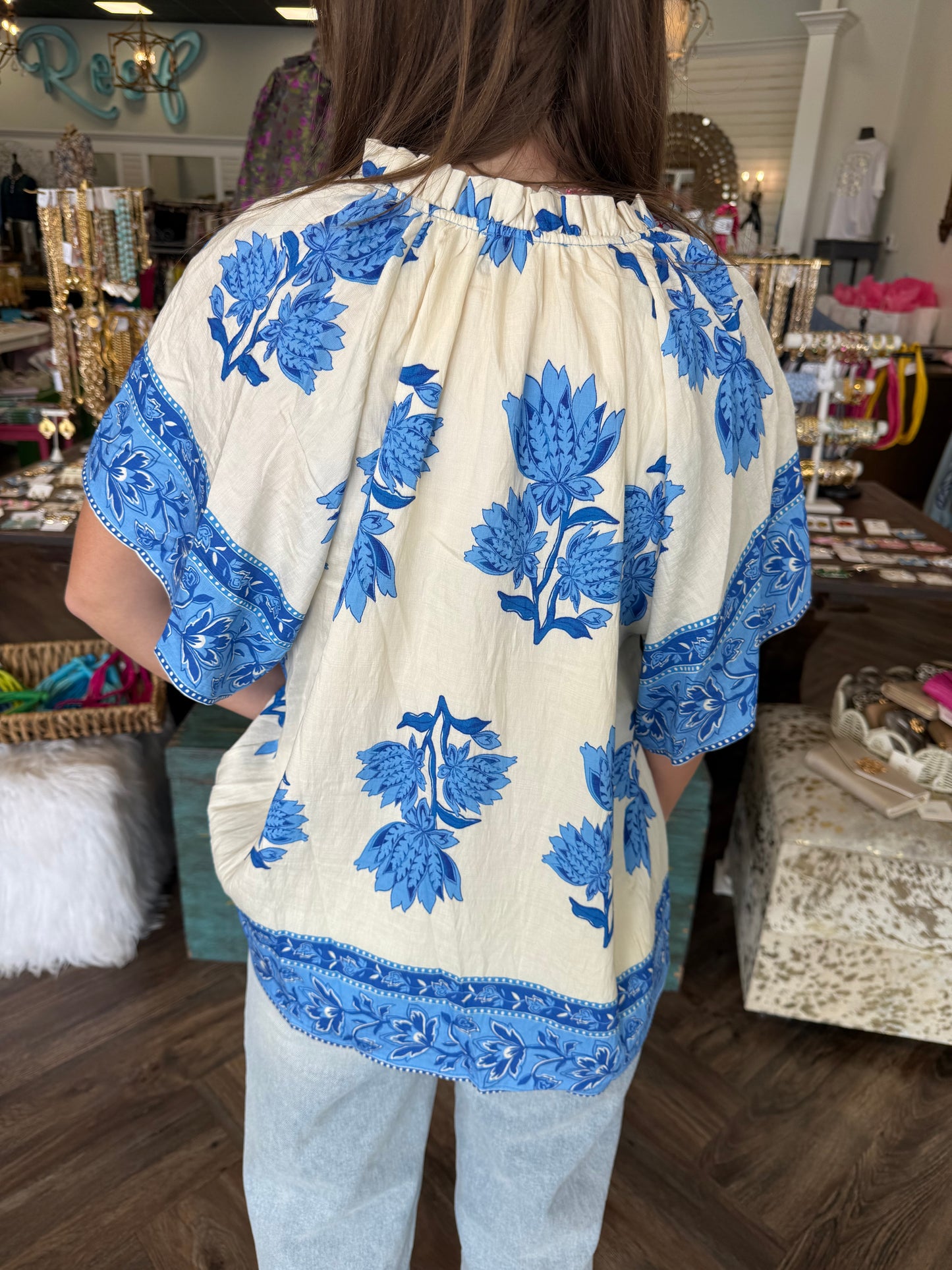 Floral Bordered Blouse: Blue