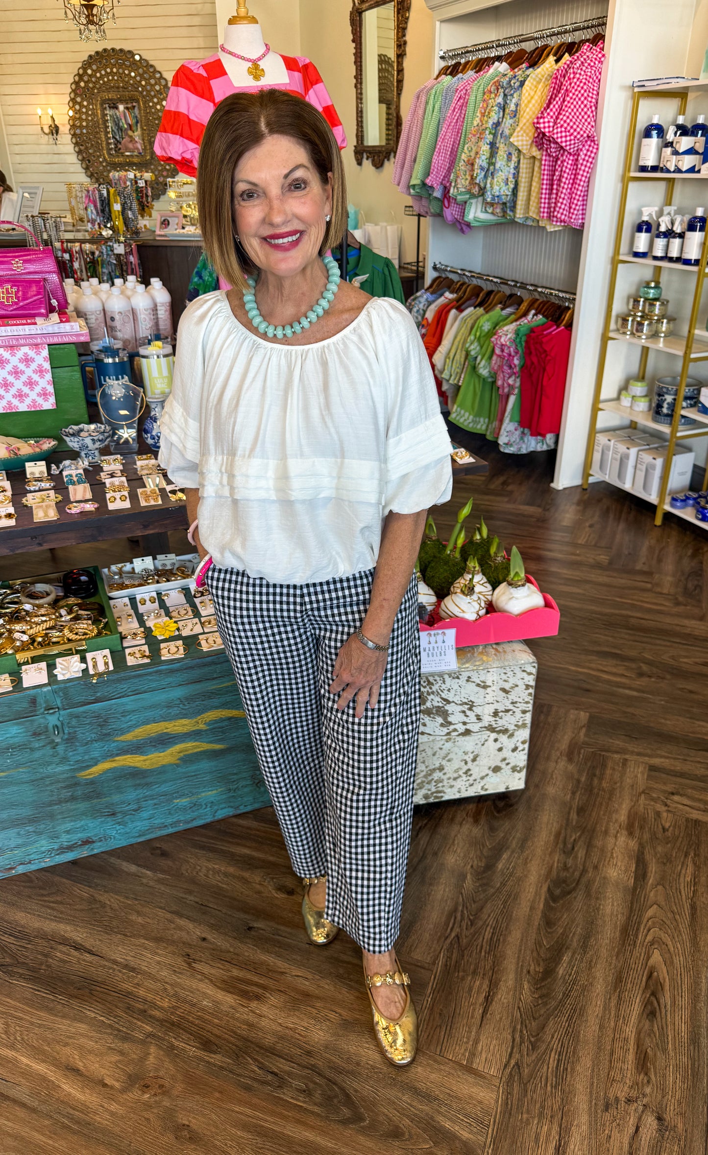 Smocked Black Plaid Pants