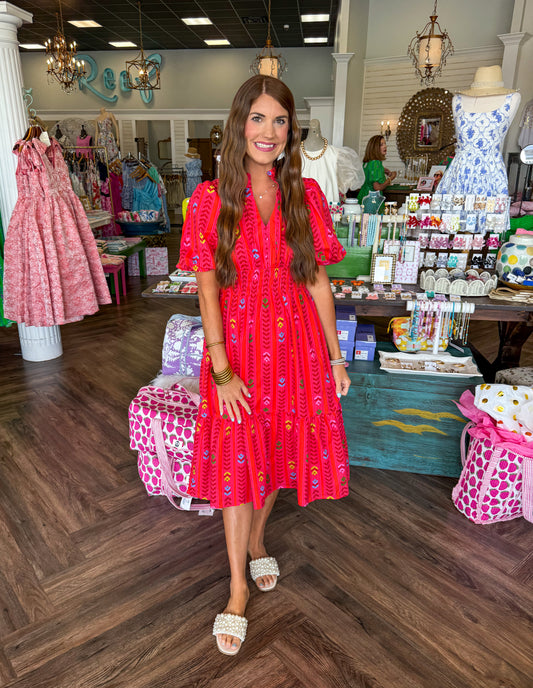 Alden Smocked Waist Midi Dress: Red