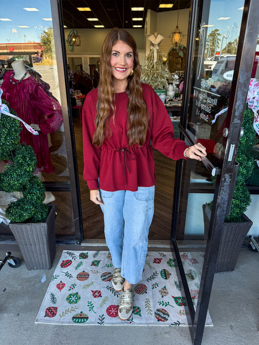 Drawstring Tie Top: Burgandy