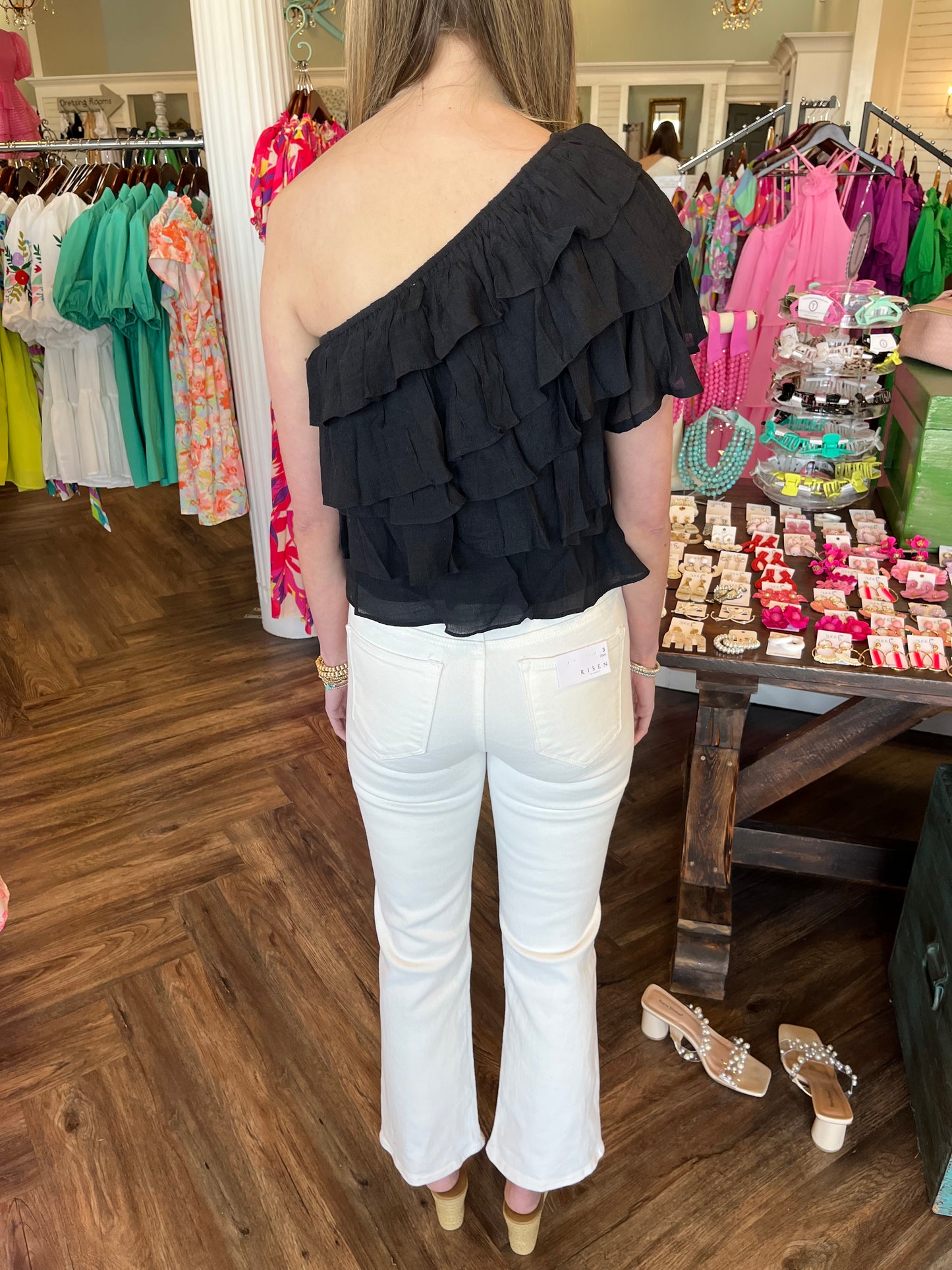 Tiered Ruffle One Shoulder Top: Black