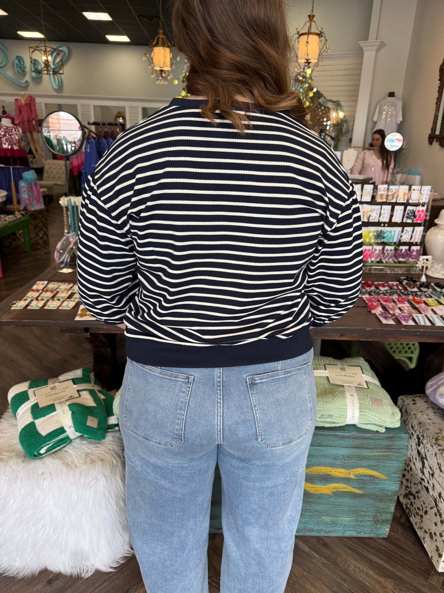 3/4 Sleeve Striped Top: Navy