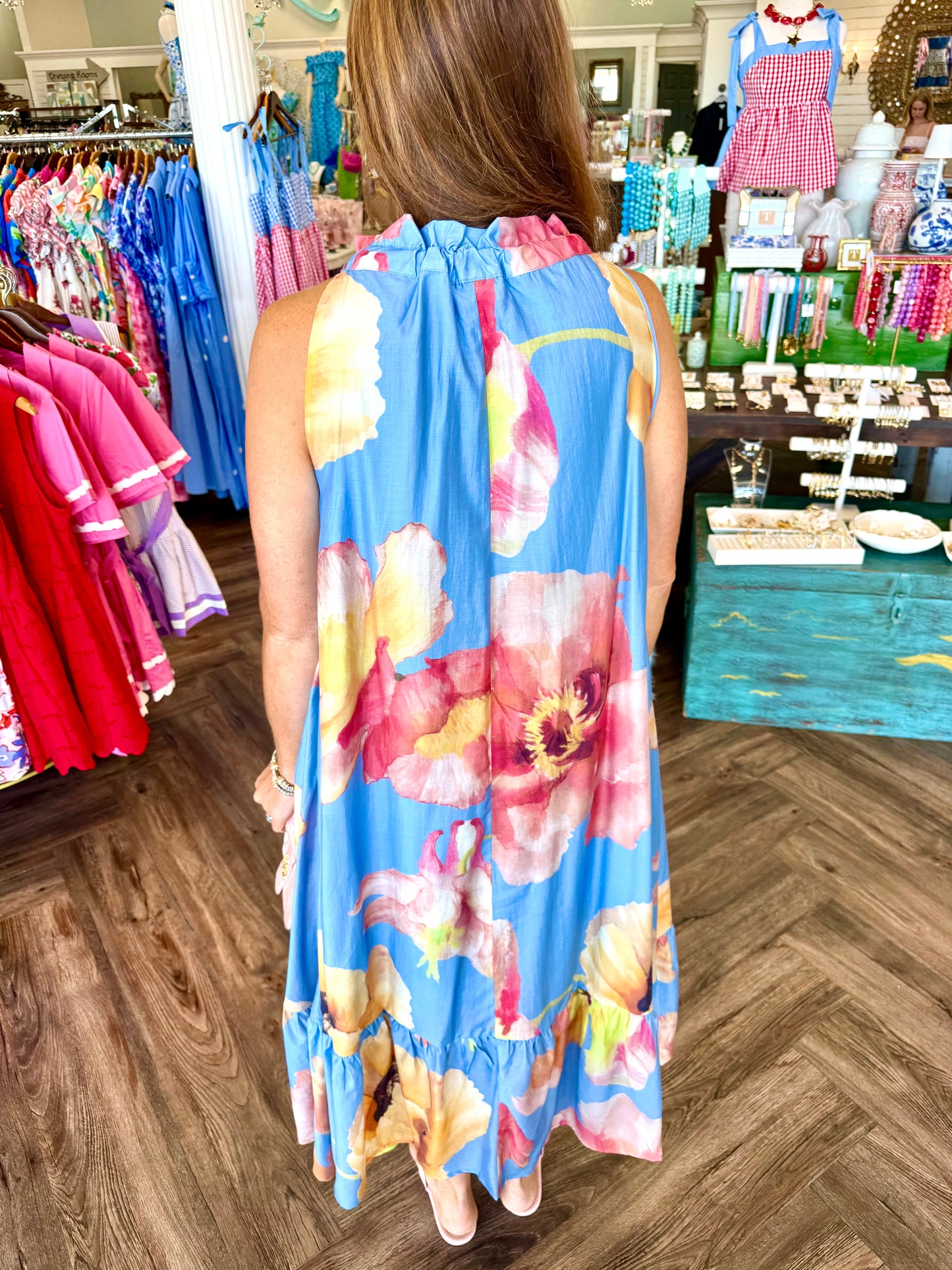 Neck Tie Fancy Midi Garden Dress: Blue