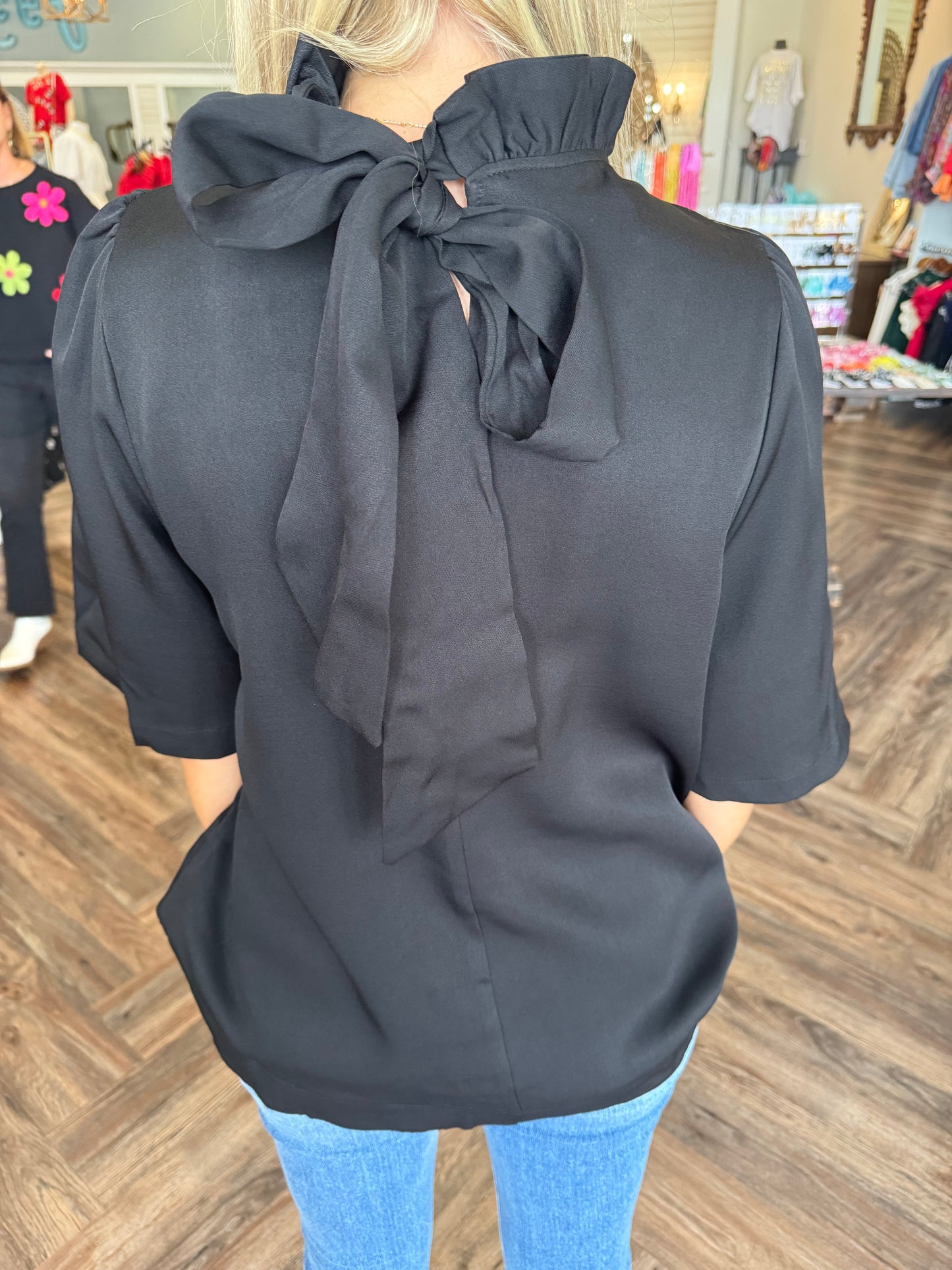 Ruffle Neck Blouse: Black