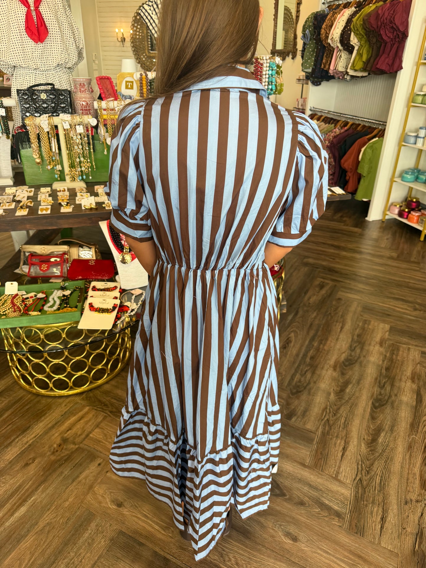 Blue/Brown Stripe Tie Midi Dress