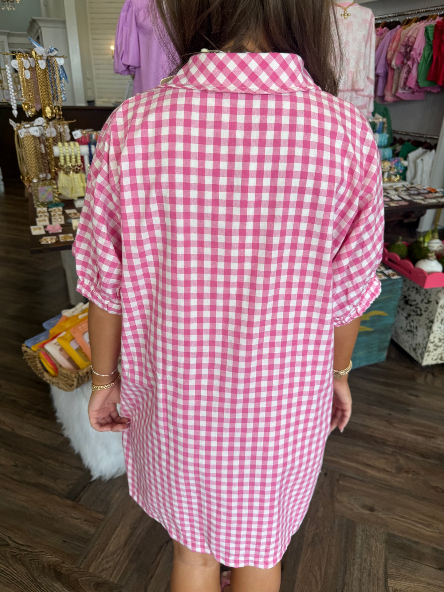 V-Neck Plaid Dress: Pink