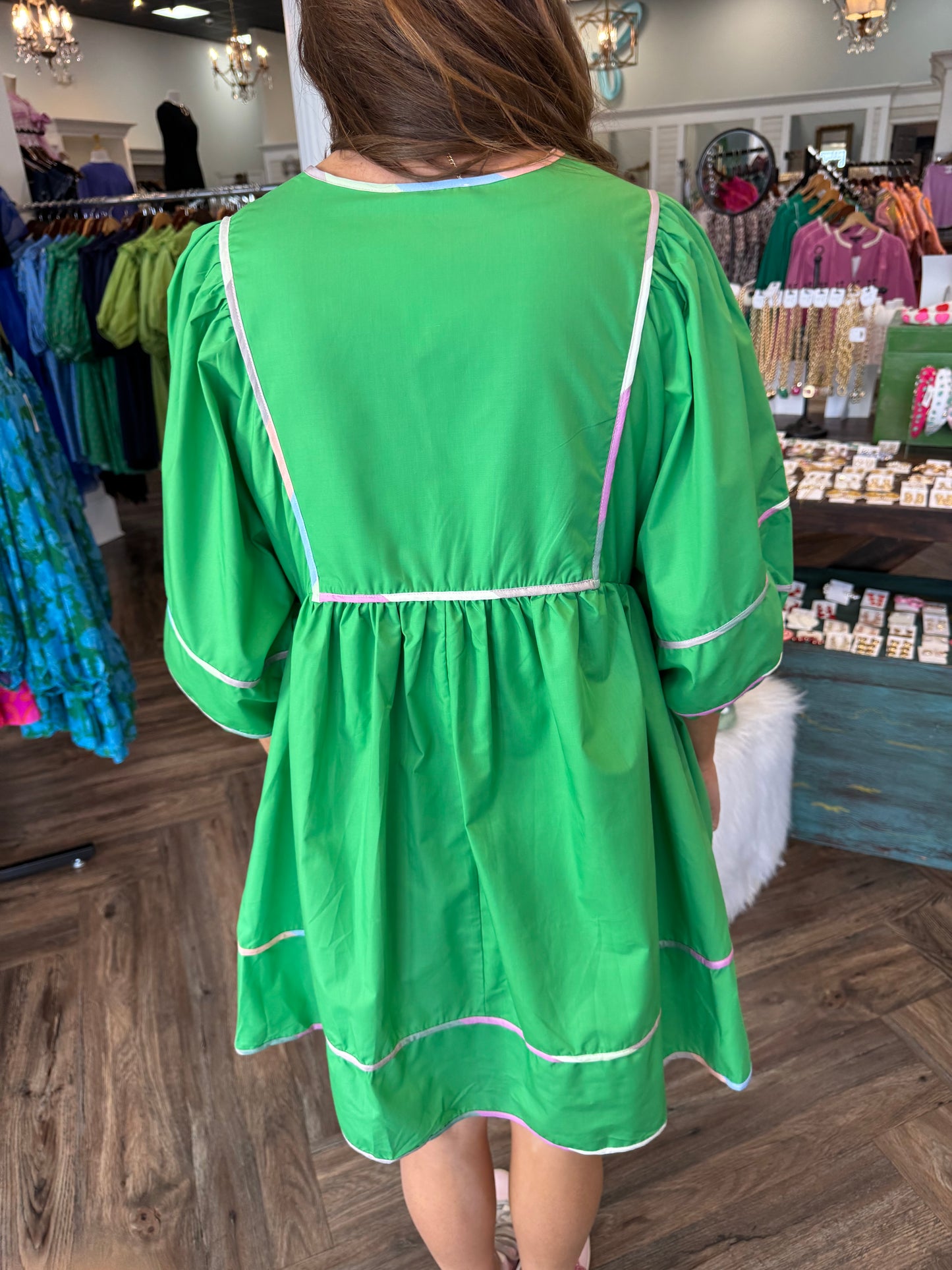 Spring Color Trim Dress: Green