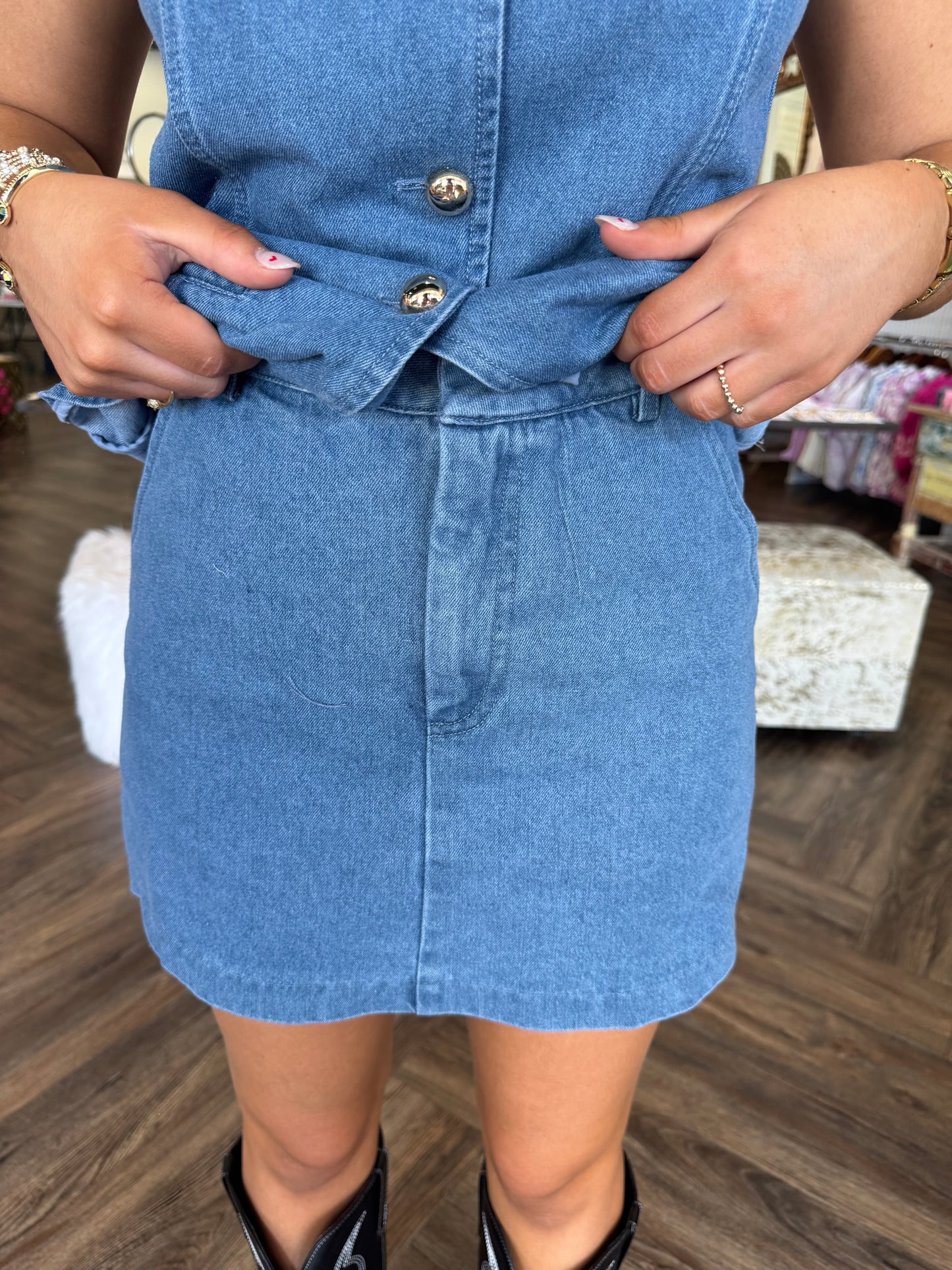 Gold Button Denim Skort Set