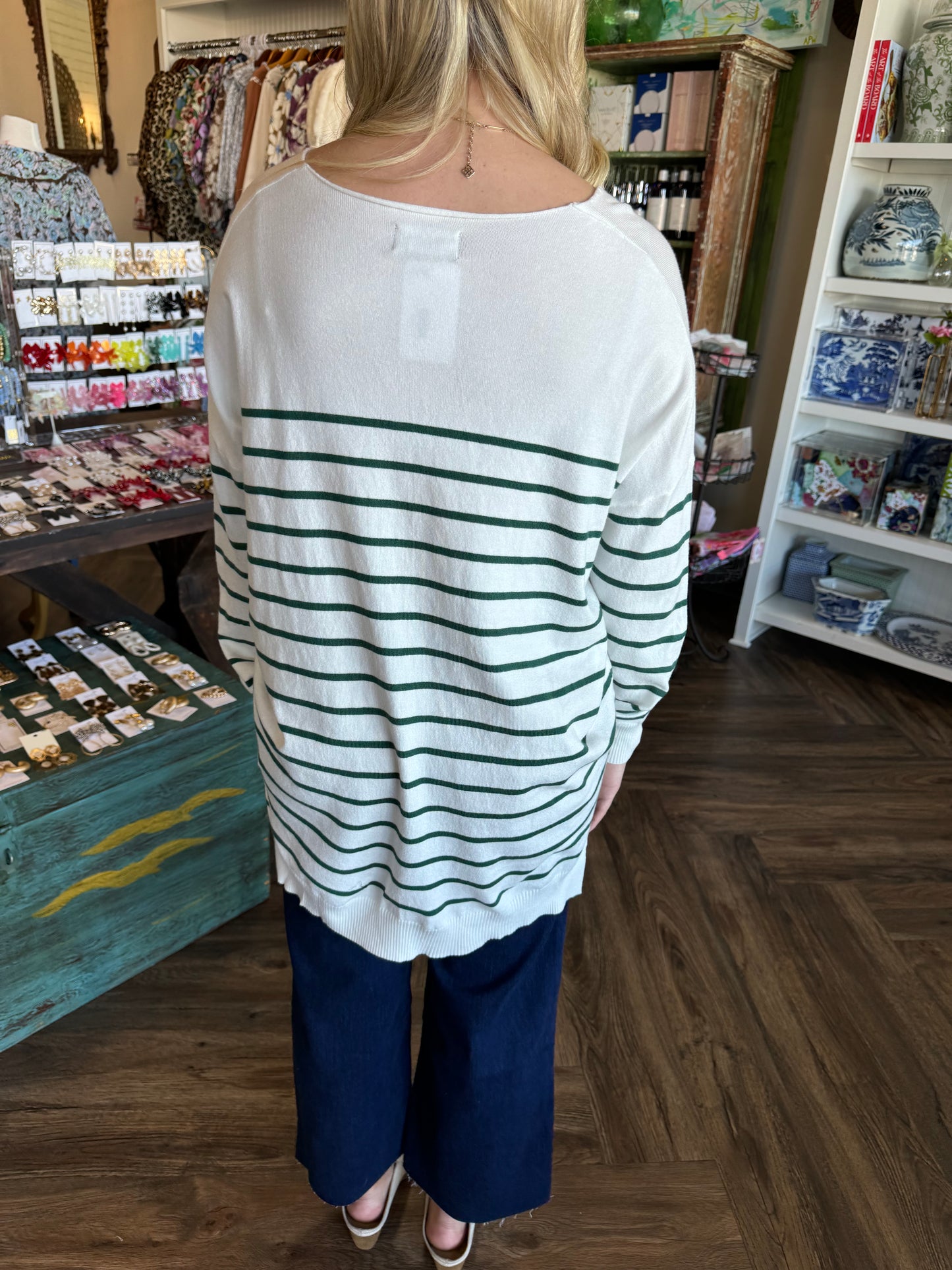 V-neck Soft Stripe Sweater: Green