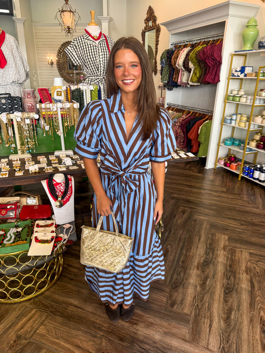 Blue/Brown Stripe Tie Midi Dress