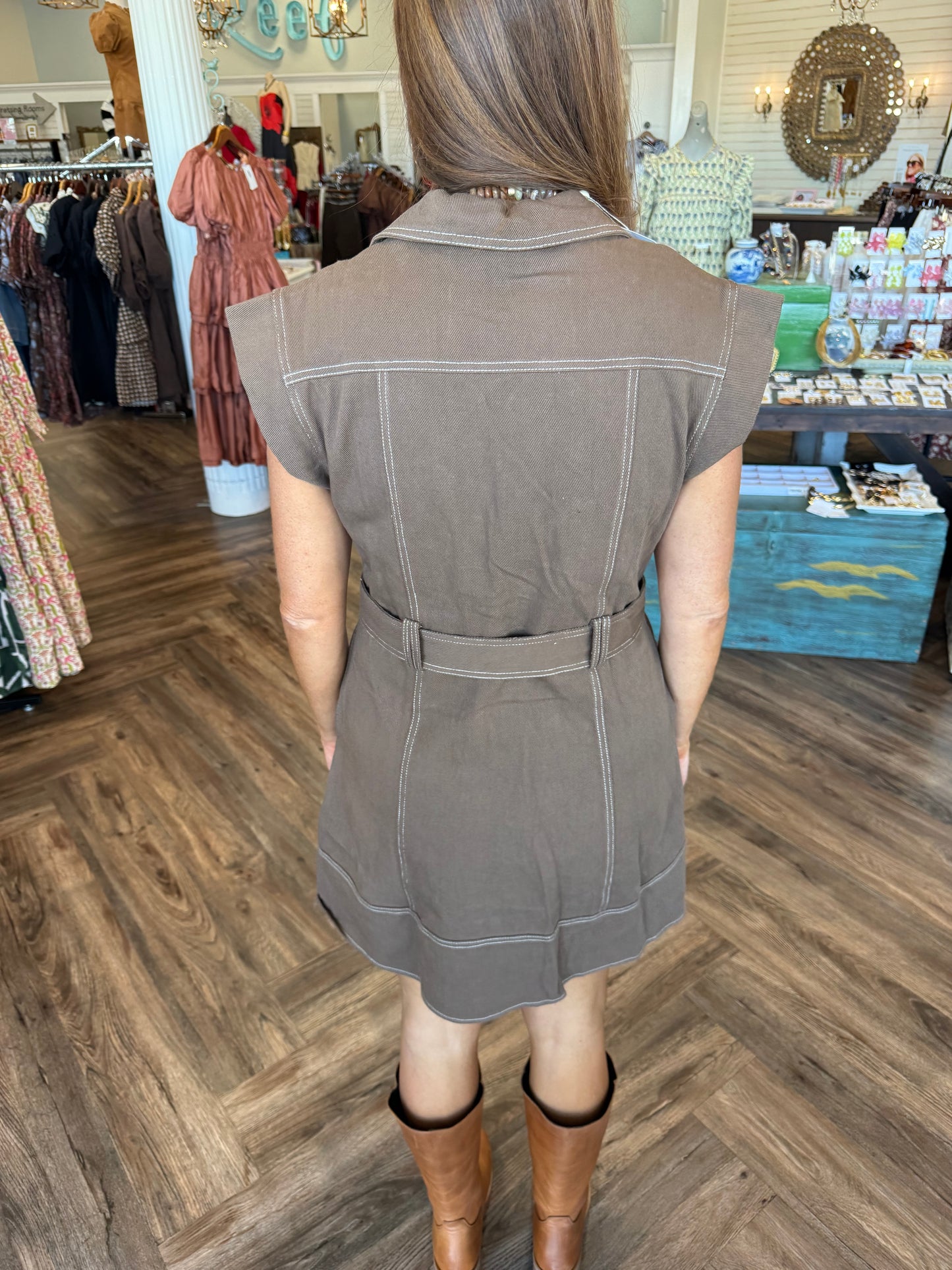 Belted Brown Denim Dress