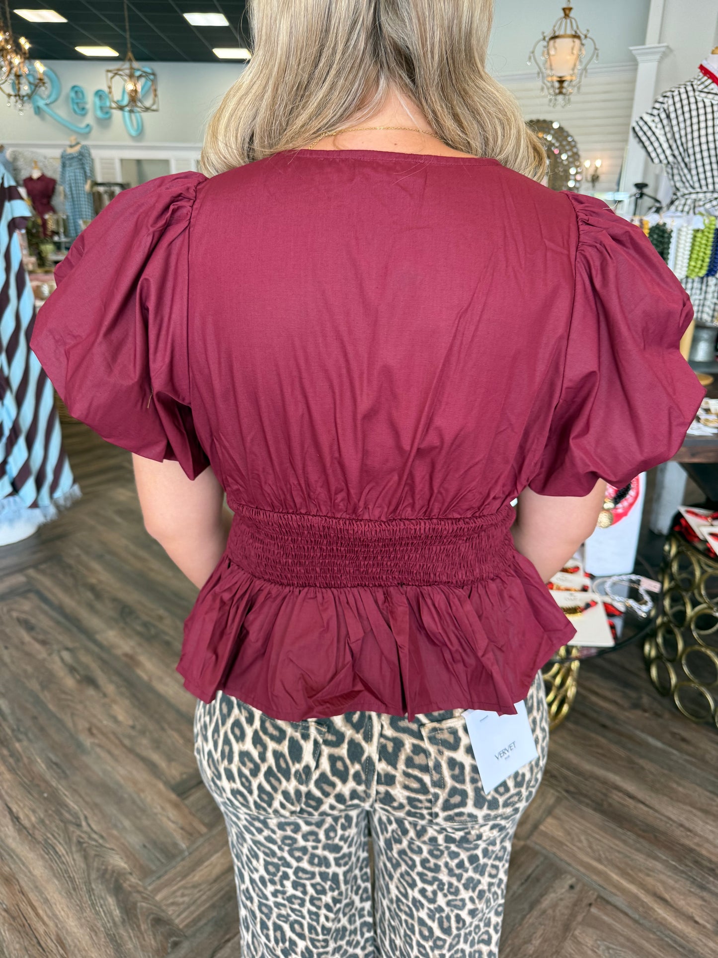 Stitched Peplum Top: Wine