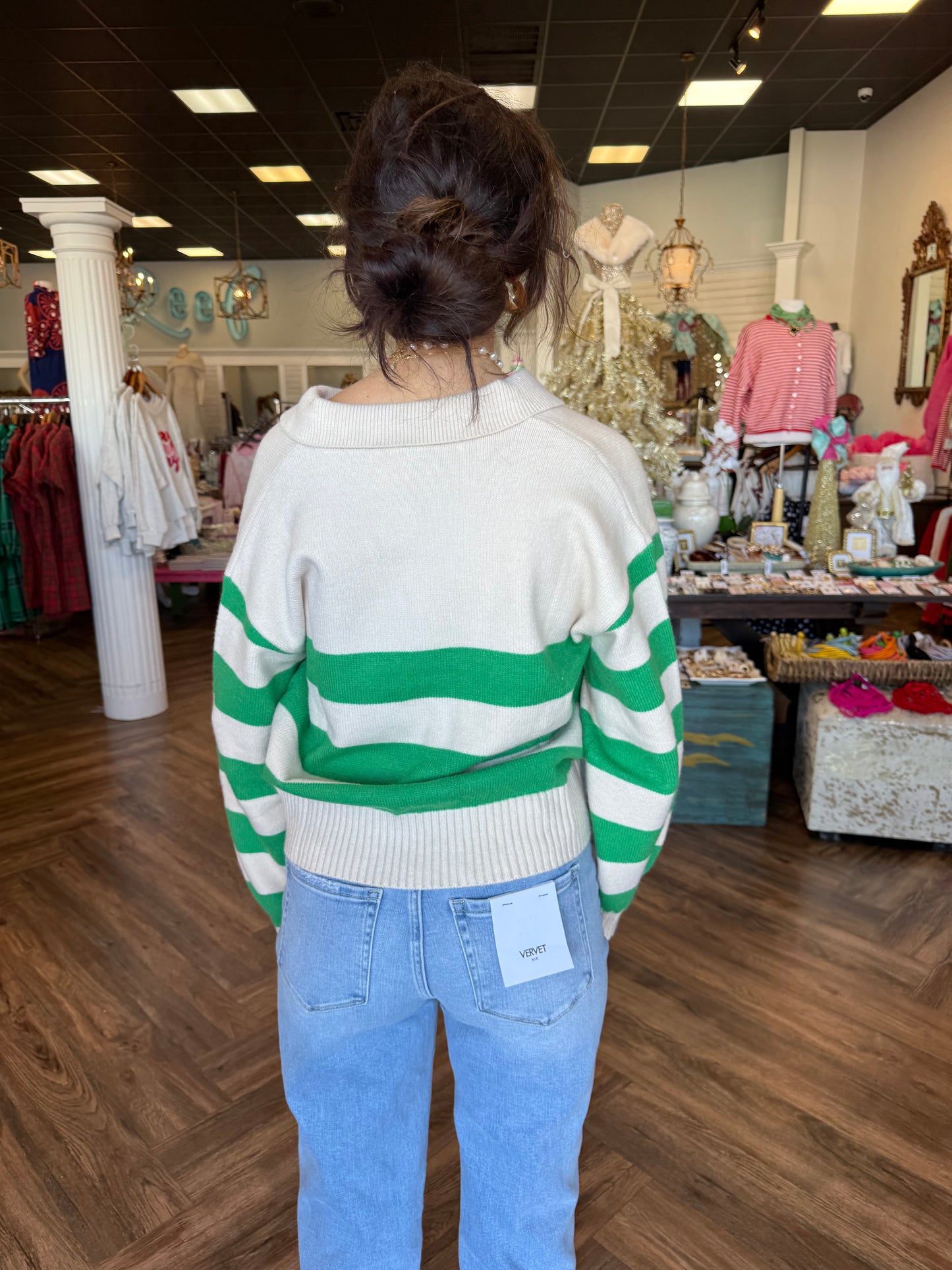 Anna Button Stripe Sweater: Green
