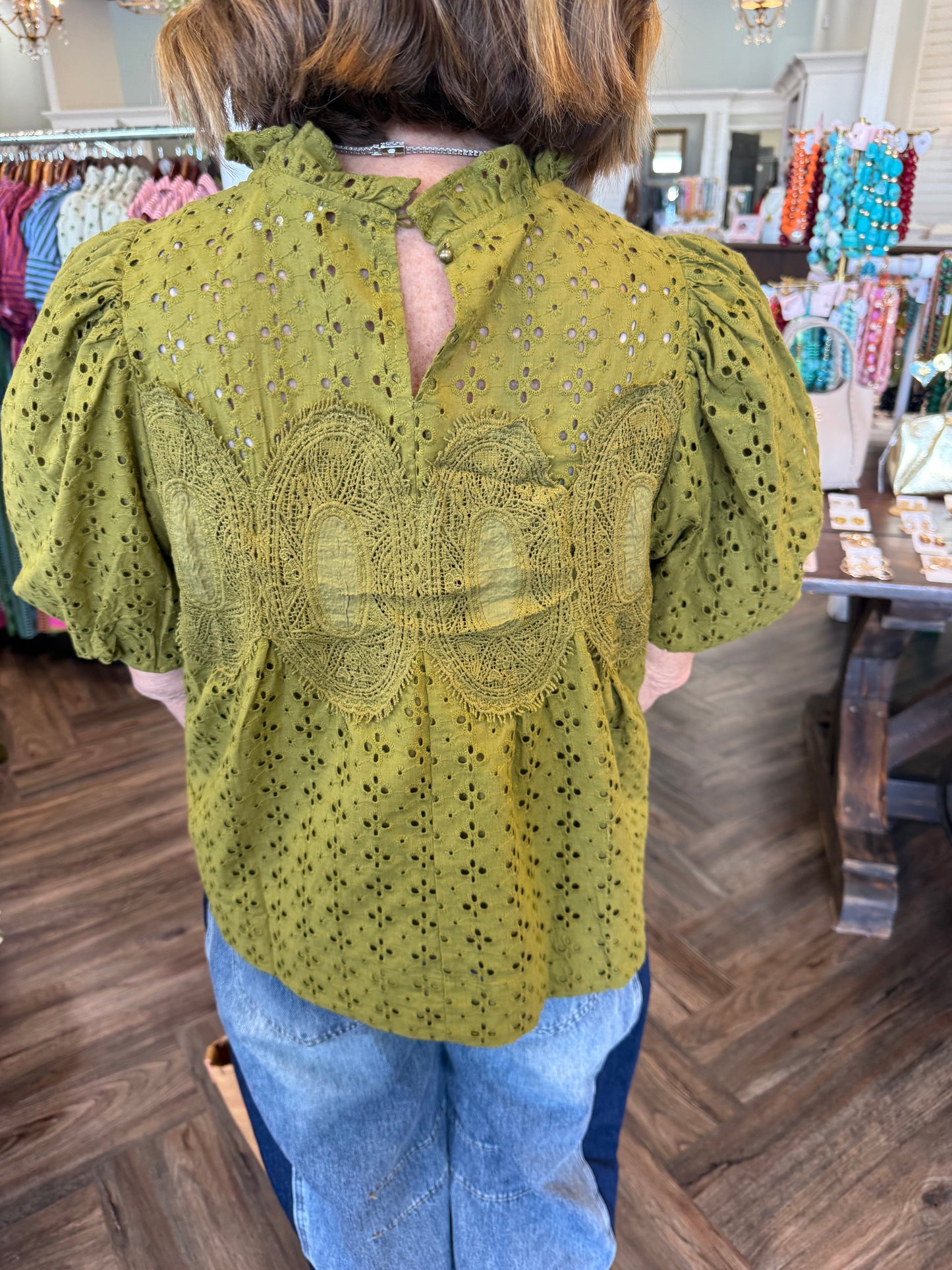 Classy Olive Eyelet Top