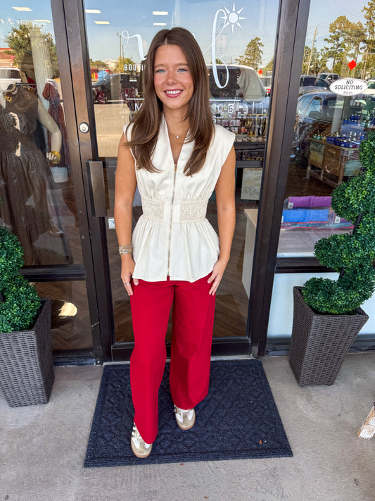 Zipper Peplum Top: Cream